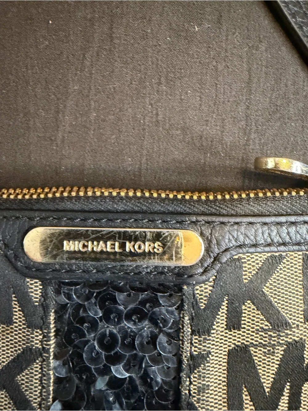 Michael Kors Black and Beige MK Logo Sequin Wristlet